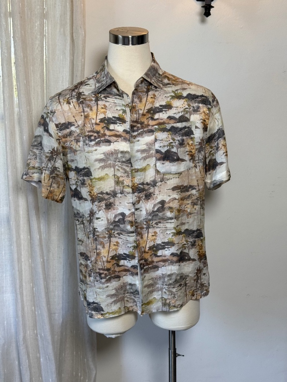 Joseph Abboud 100% Ramie Tropical Landscape Camp Shirt Men's L Resort
